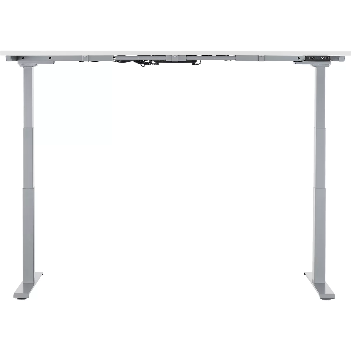 Light grey height adjustable desk, front view. The frame is silver-grey, the table top light. Background white.