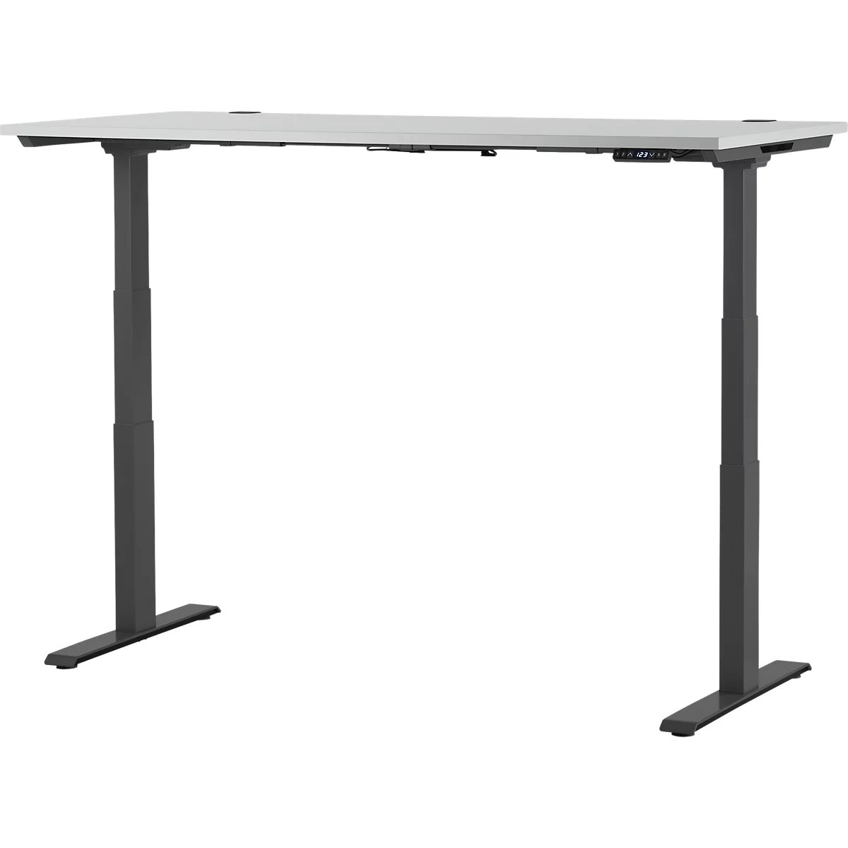 A height-adjustable desk with a gray tabletop and dark metal legs. The control panel is on the top right.