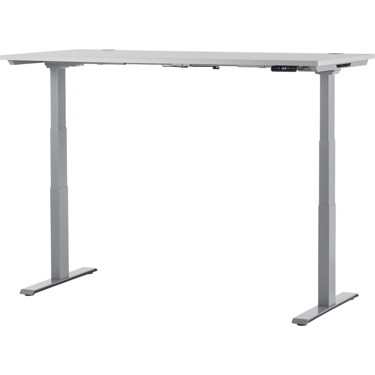 A height-adjustable desk in gray, with a digital height display. The desk has a light-colored tabletop and metal legs.