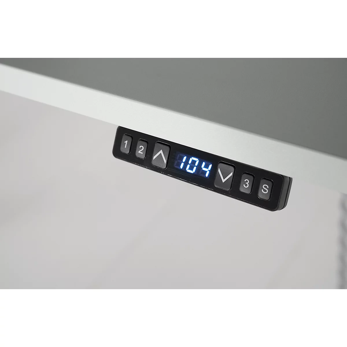 Black control panel with blue display for desk height. Buttons with numbers, arrows and a check mark.