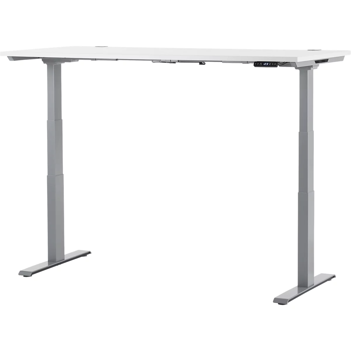 A white, height-adjustable desk with gray legs, detailed with controls.