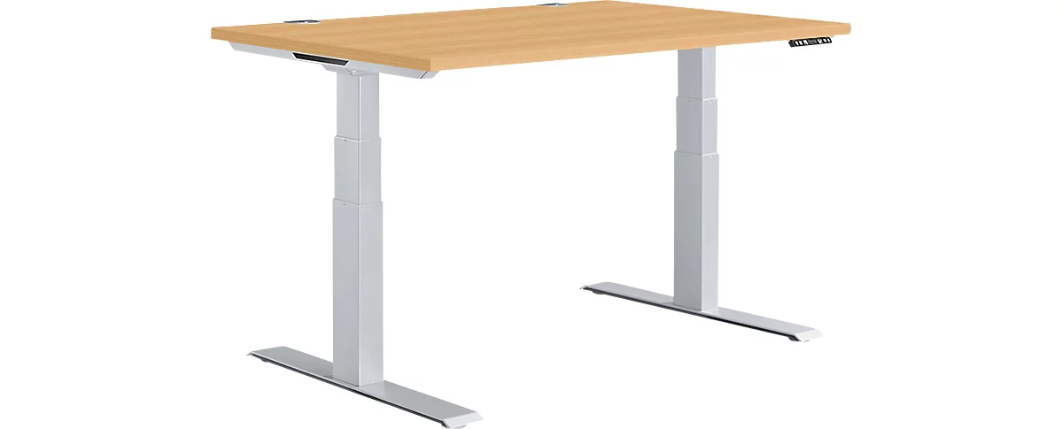 Schäfer Shop Genius desk MODENA FLEX, regulable en altura eléctricamente, rectangular, pie en T, ancho 1200 x fondo 800 mm, haya/aluminio blanco