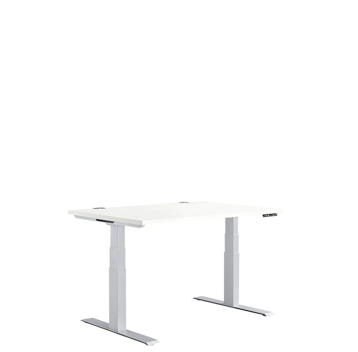 Schäfer Shop Genius desk MODENA FLEX, regulable en altura eléctricamente, rectangular, pie en T, ancho 1200 x fondo 800 x alto 645-1290 mm, aluminio blanco/blanco