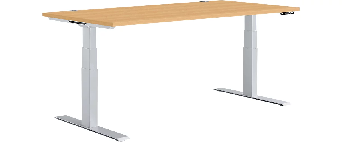 Schäfer Shop Genius desk MODENA FLEX, regulable en altura eléctricamente, rectangular, pie en T, ancho 1600 x fondo 800 mm, haya/aluminio blanco