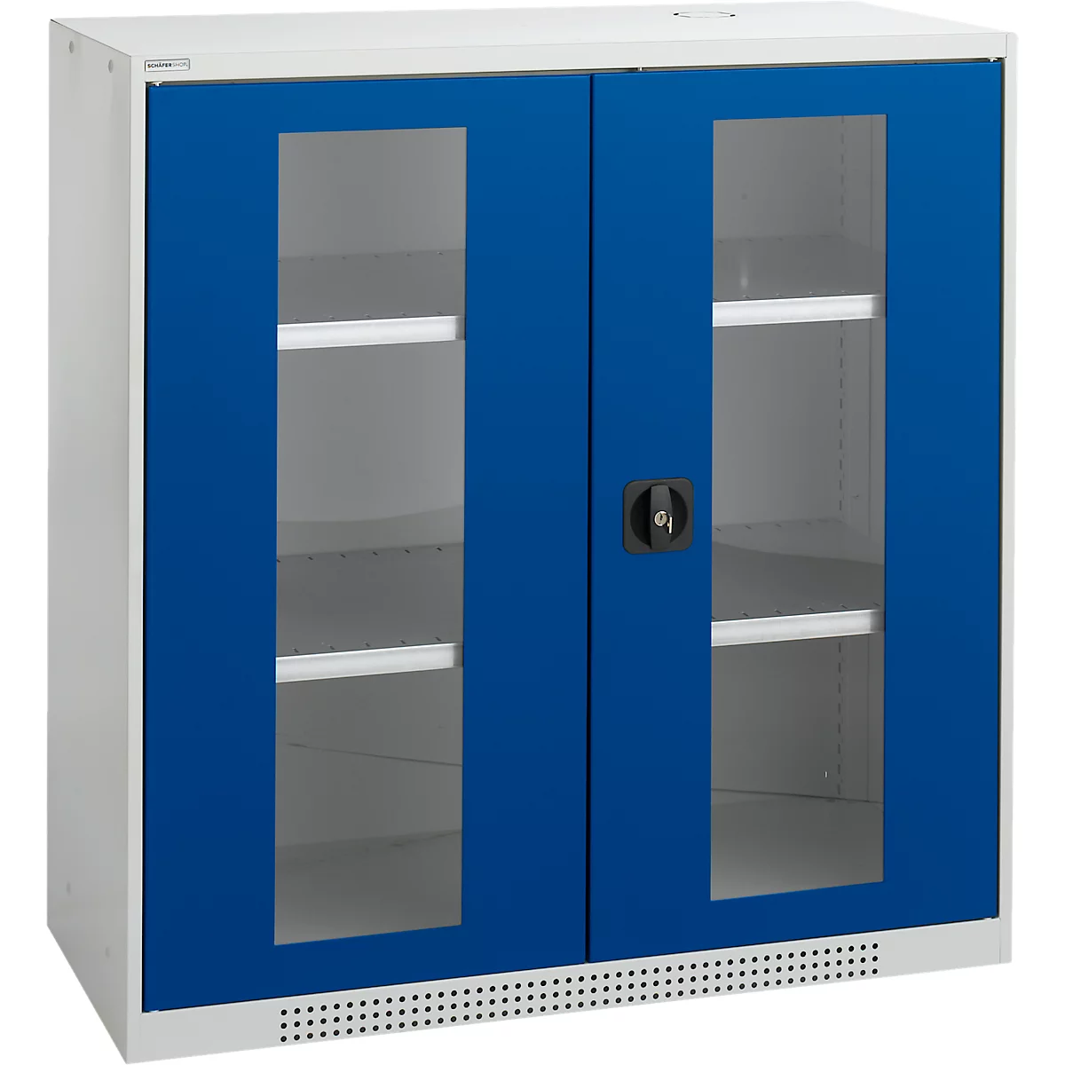 A wall-mounted cabinet with blue doors and glass panels. It has a lock and shelves.
