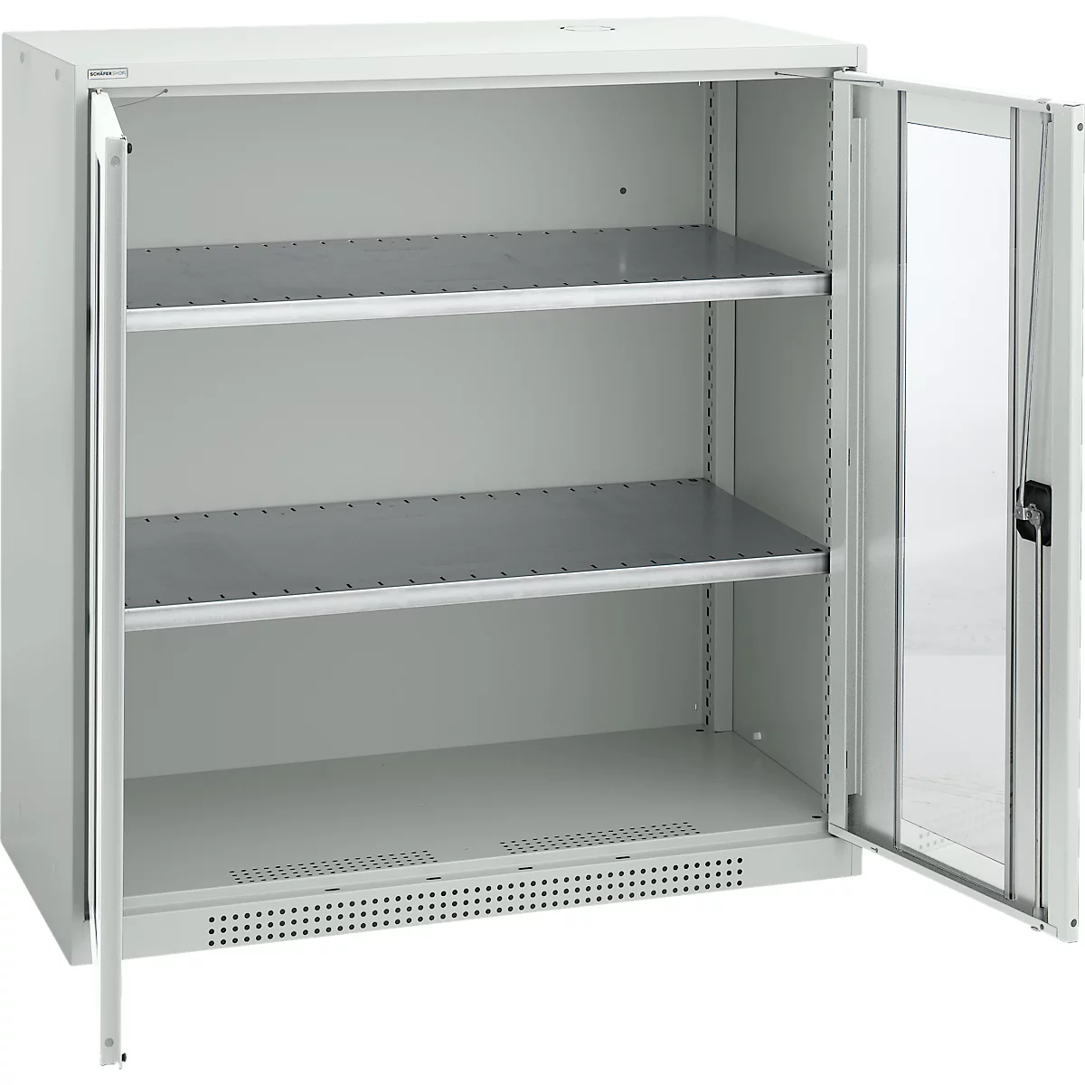 Open grey steel cabinet with three shelves. The right door is open.