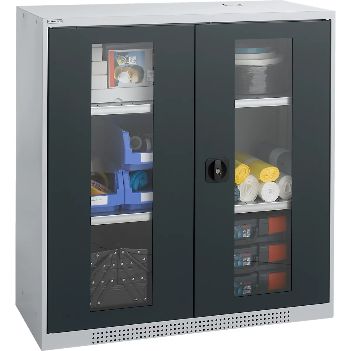 Grey cabinet with glass doors, filled with tools and materials. Black doors, silver frame, black handle.