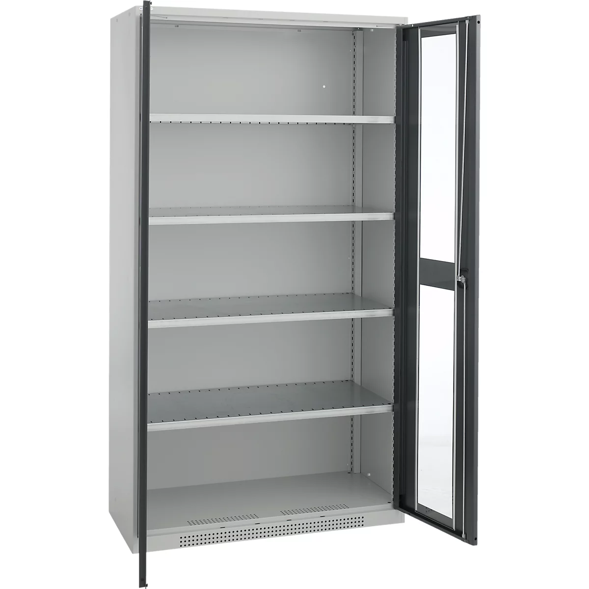 Open gray cabinet with shelves, the door is half open.