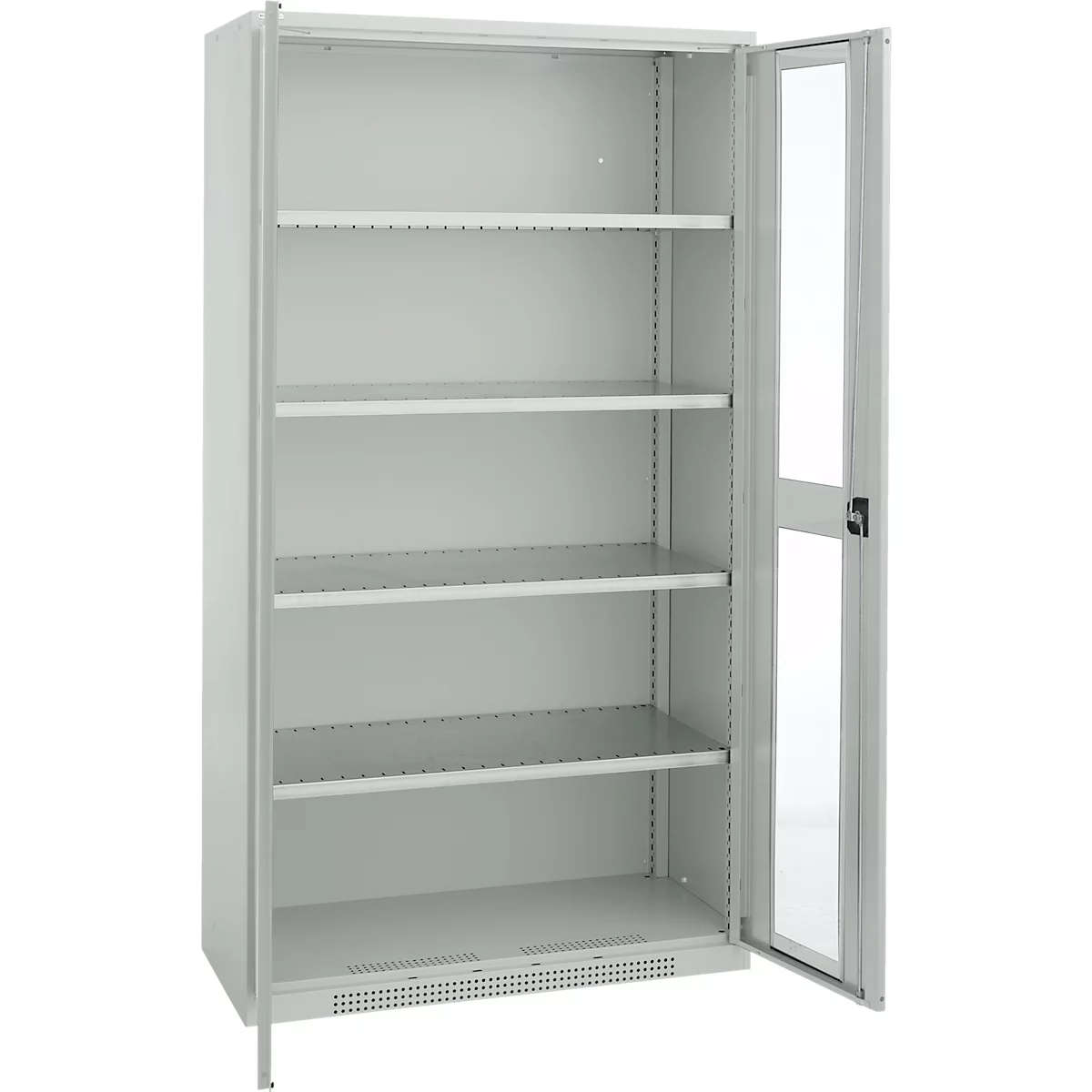 Light gray metal cabinet, door open, with multiple shelves visible through the door.