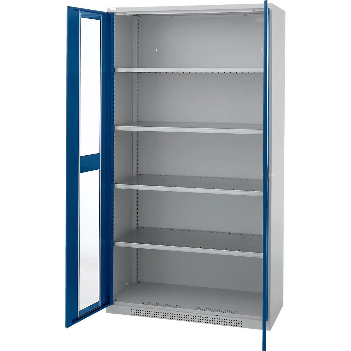 Gray cabinet with open blue doors, offering a view of several shelves.