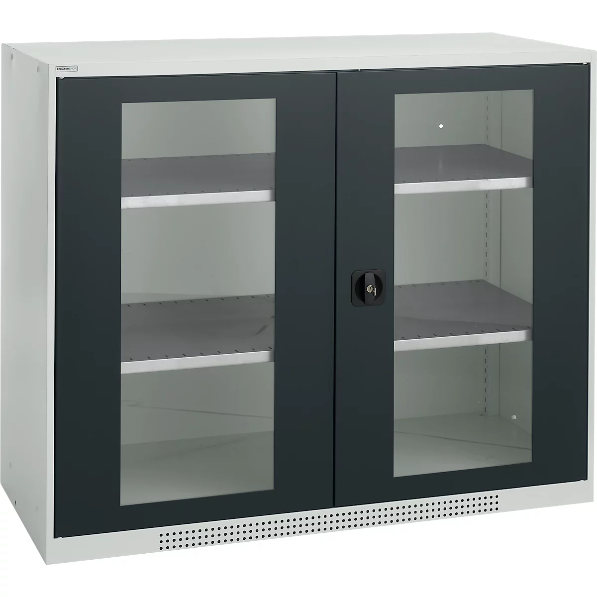 White cabinet with two glass doors, black frame and handle. Shelves inside.