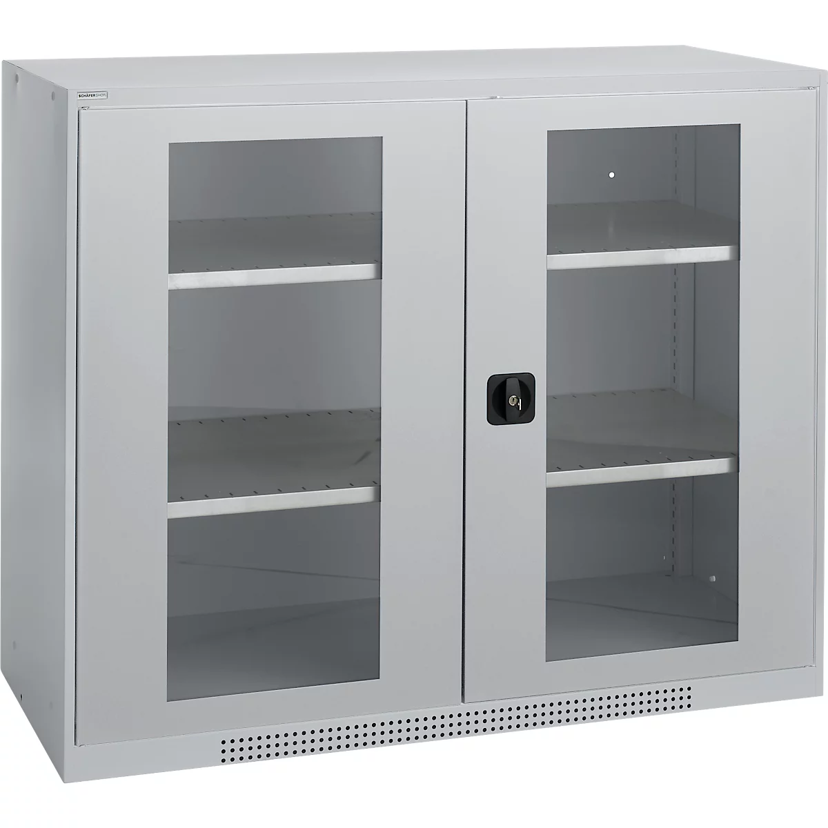 Grey rectangular cabinet with glass doors and shelves. Black handle, ventilation slots below the doors.
