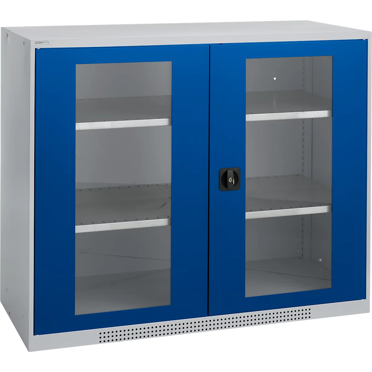 Cabinet with two glass doors. Blue frames, gray body, black handle, white shelves.
