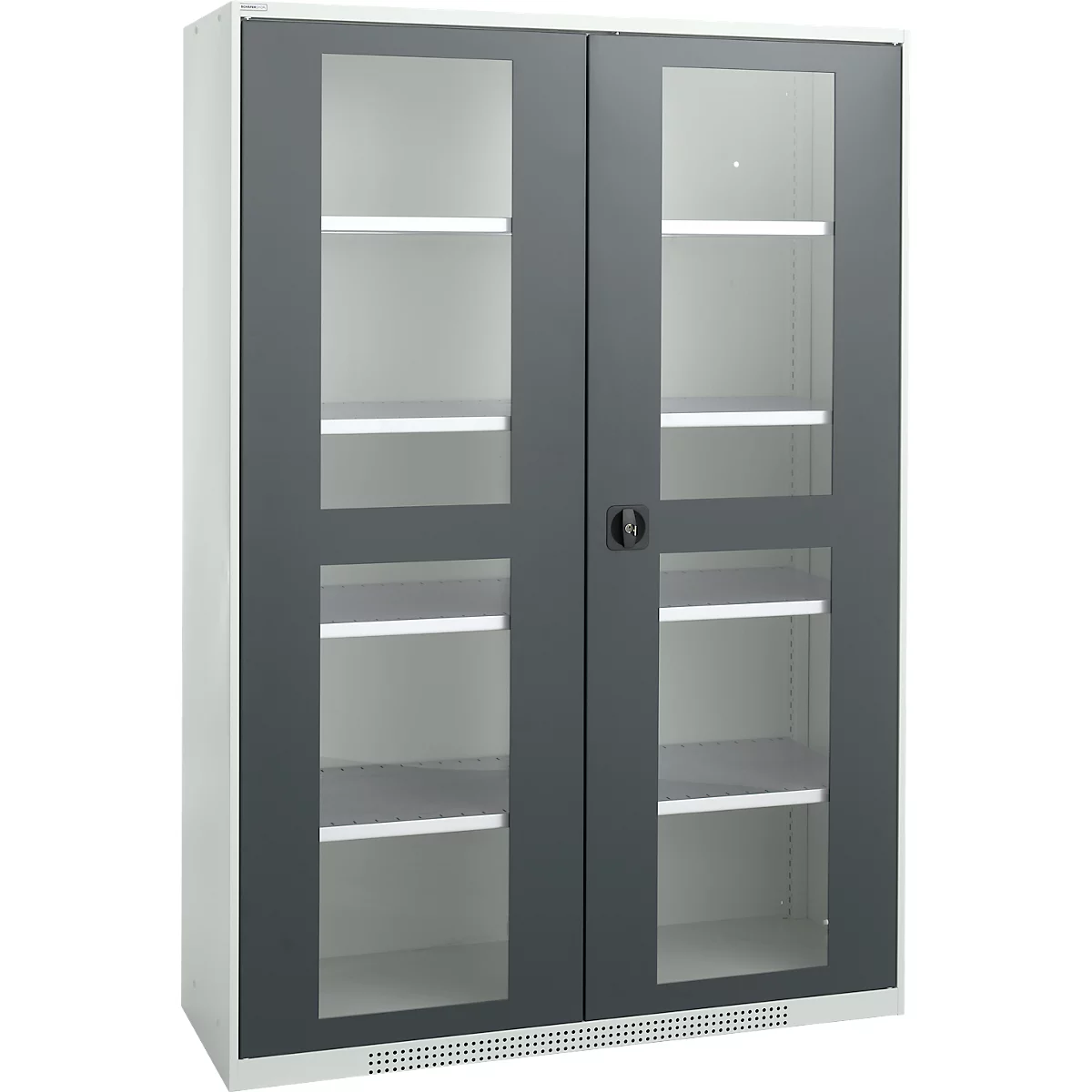 Gray and white cabinet with glass doors and shelves behind.