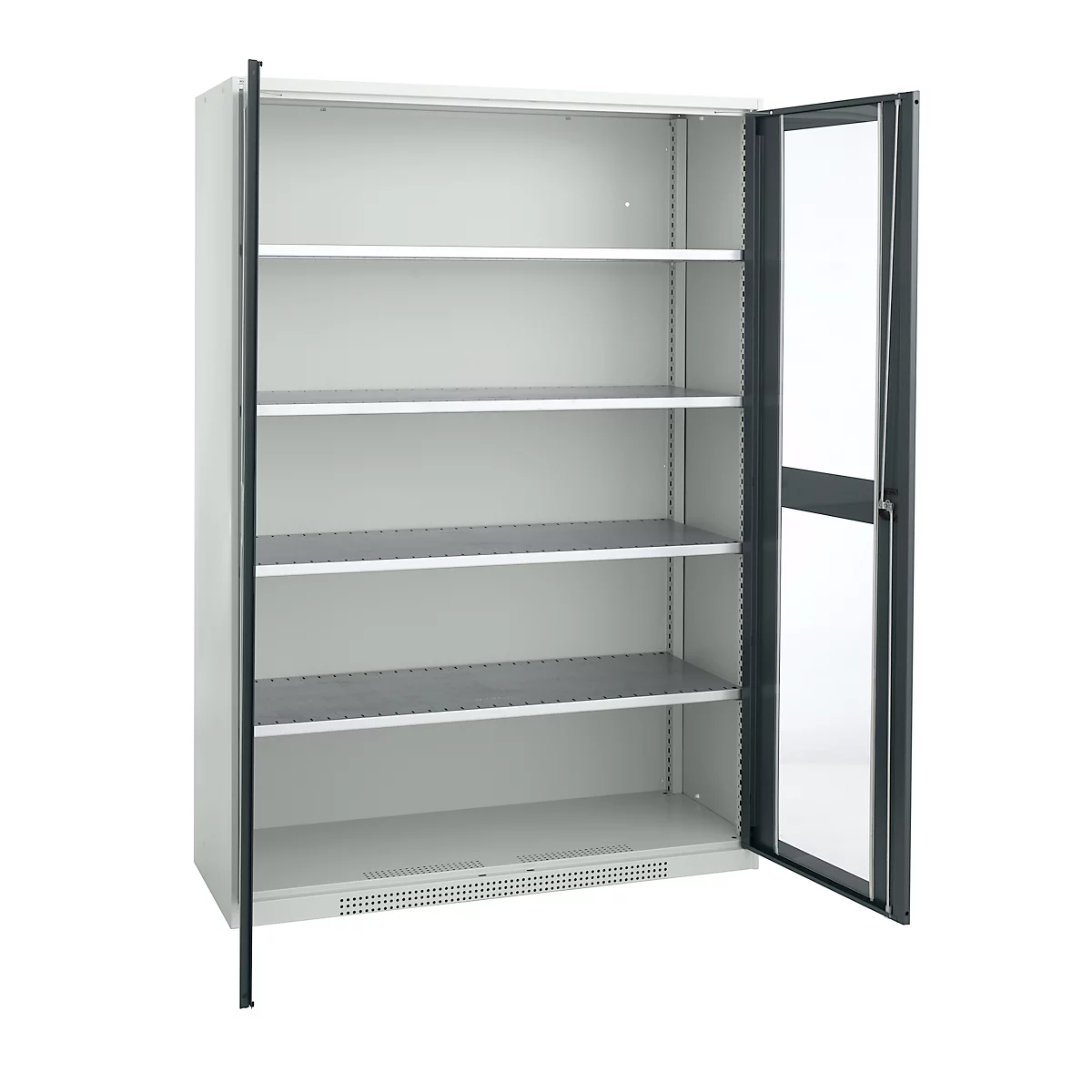 An open steel cabinet with multiple shelves. The right door is open.