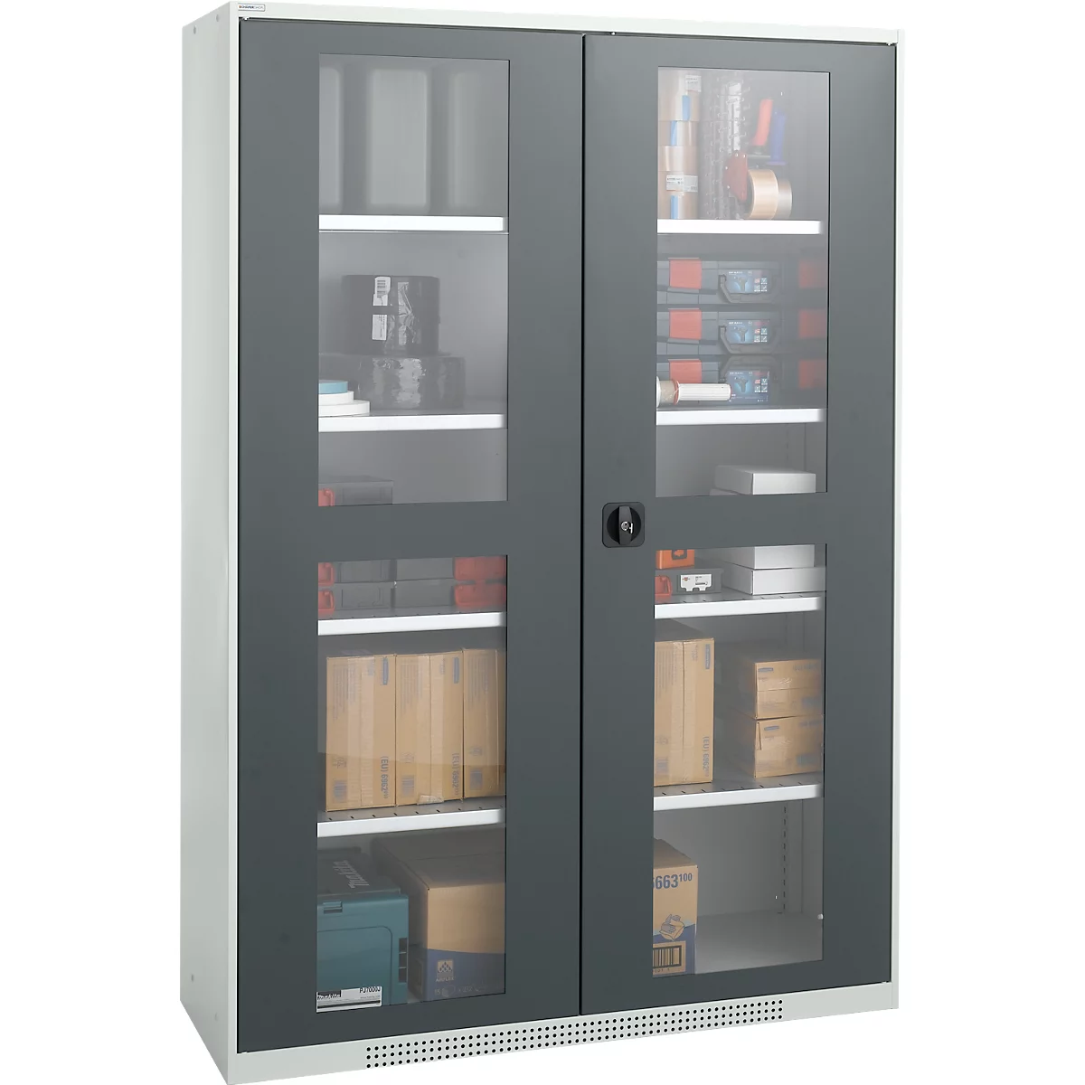 Dark grey filing cabinet with glass doors, filled with folders and objects. The doors are locked.