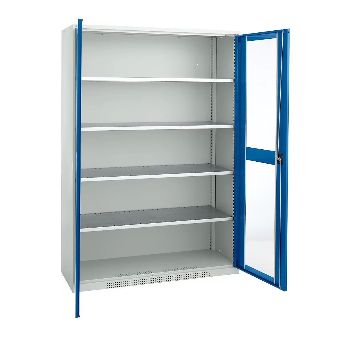 An open steel cabinet with blue-bordered doors revealing the shelves.