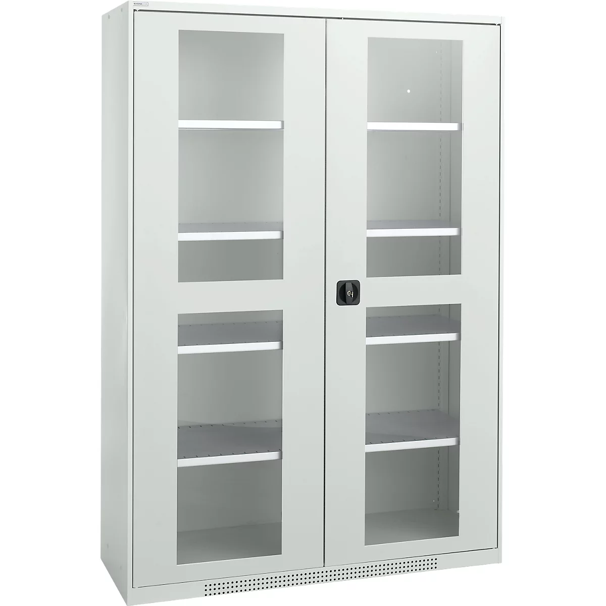 Gray cabinet with glass doors and shelves. Black handle in the middle.