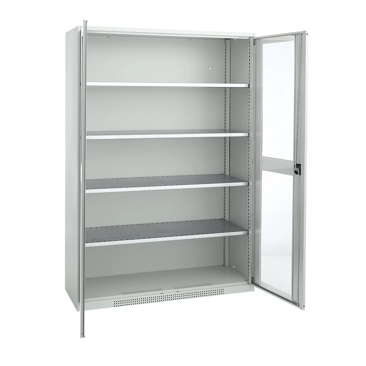Light gray steel cabinet with open door. Interior shelves. White background.