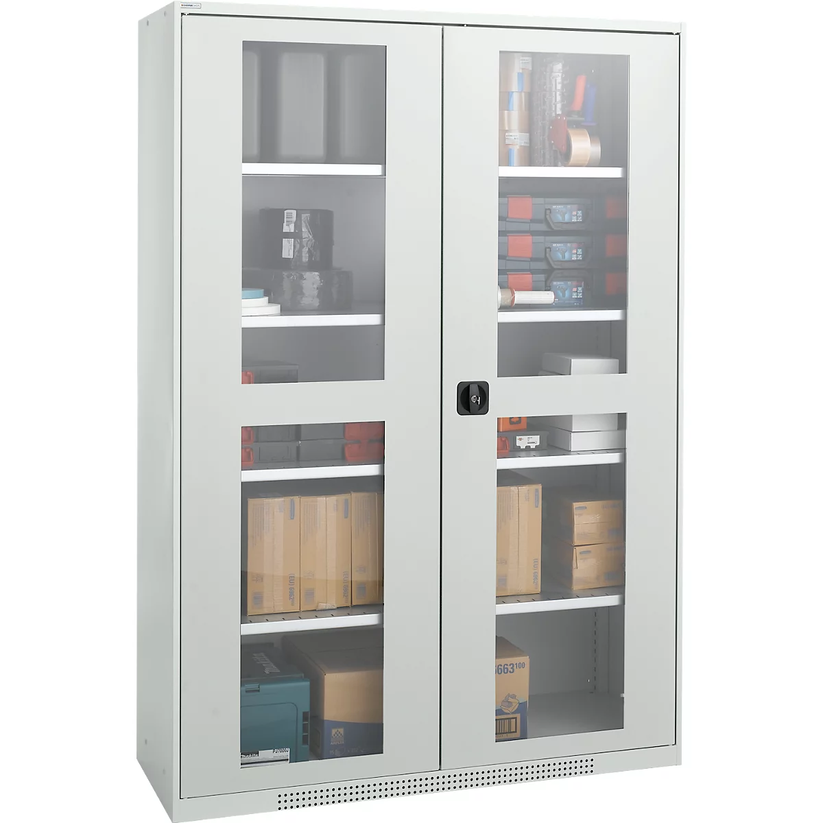 Grey cabinet with two glass doors, filled with tools and accessories. A black handle on the right door.