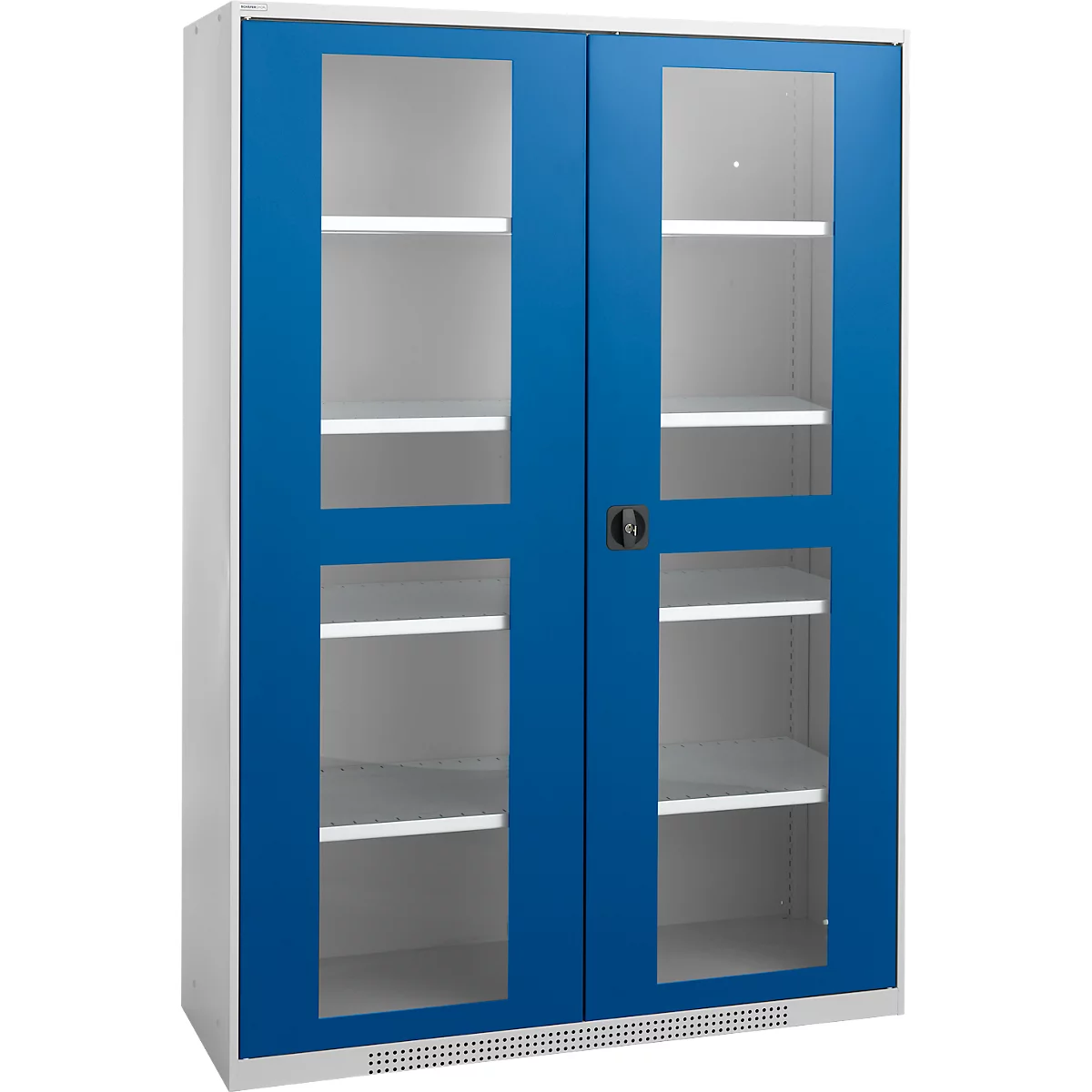 Blue and white cabinet with glass doors and shelves.