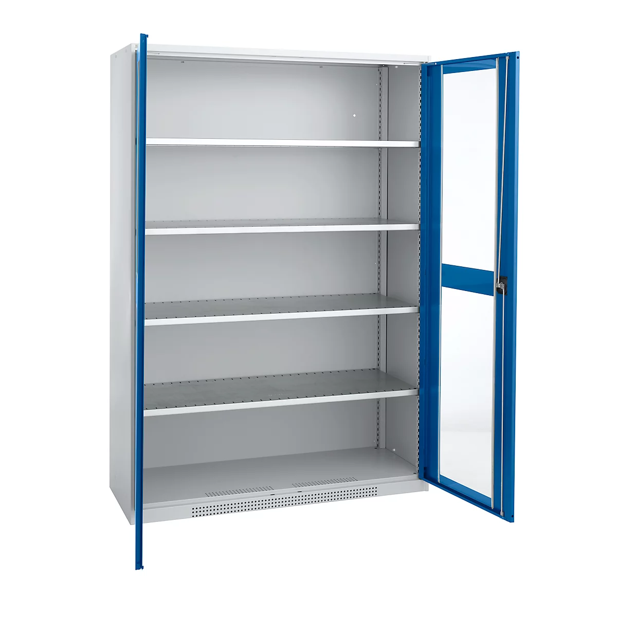 An open steel cabinet with blue frames and white interiors. The shelves are empty. The doors are open.