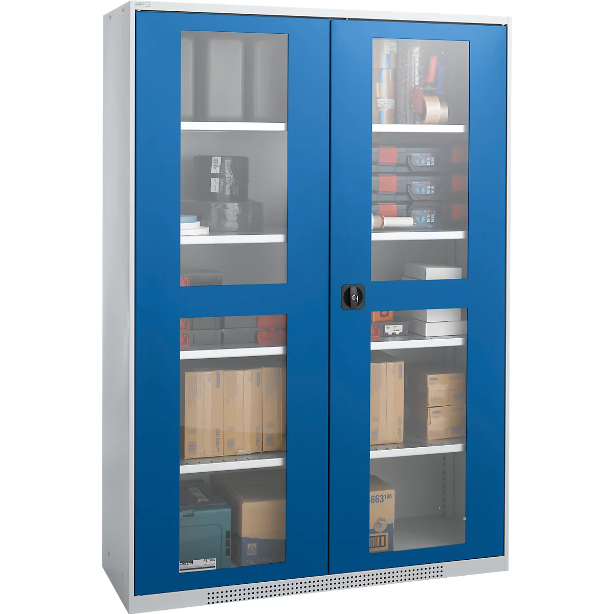 Blue cabinet with glass doors and white shelves filled with books, tools and boxes.