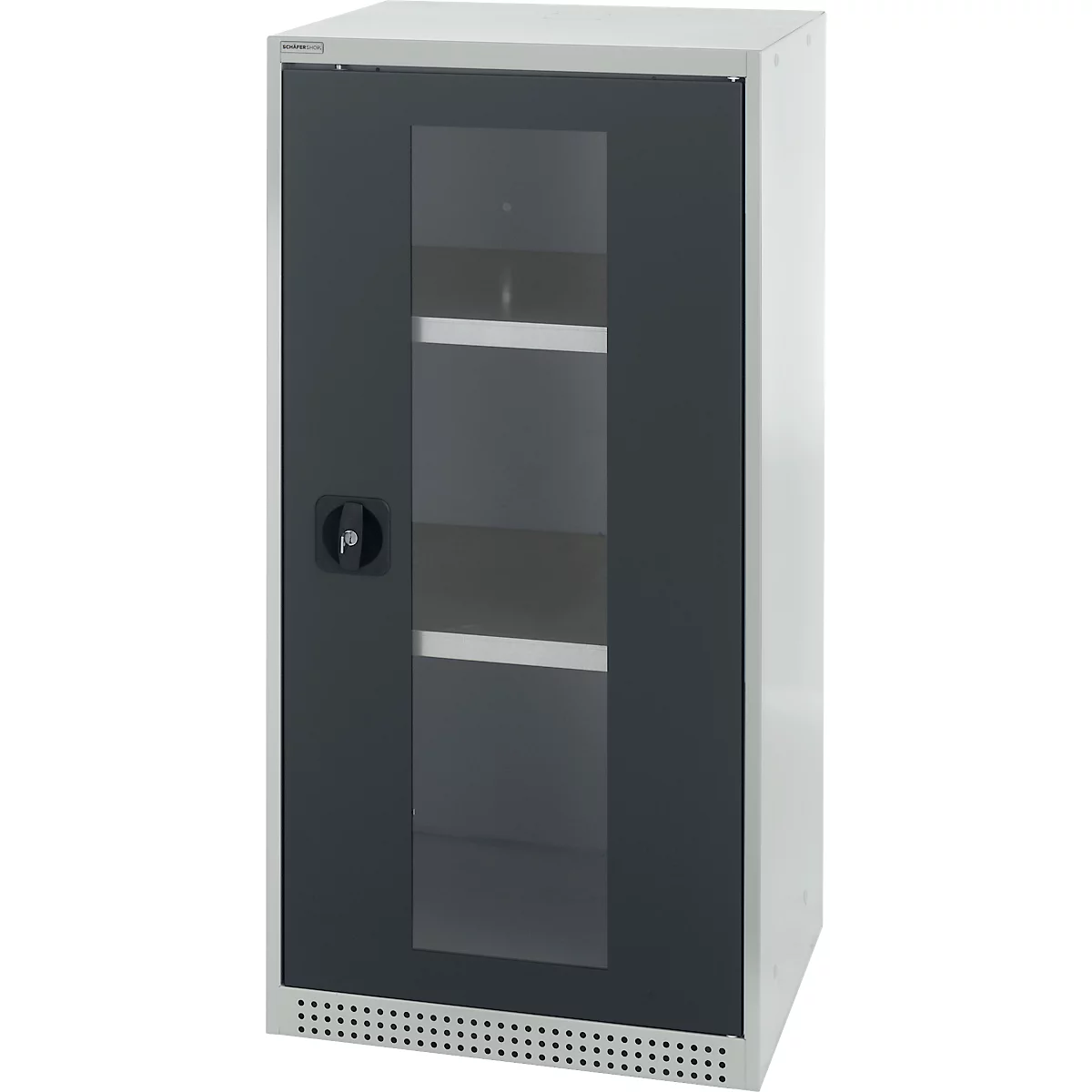 White cabinet with glass front, black door, lock, and shelves.