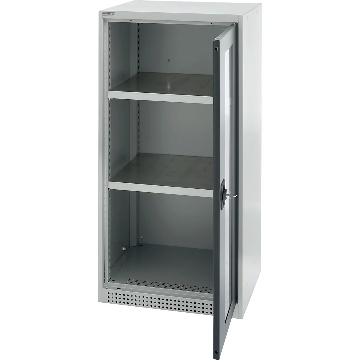 Cabinet with half-open door, shelves behind.