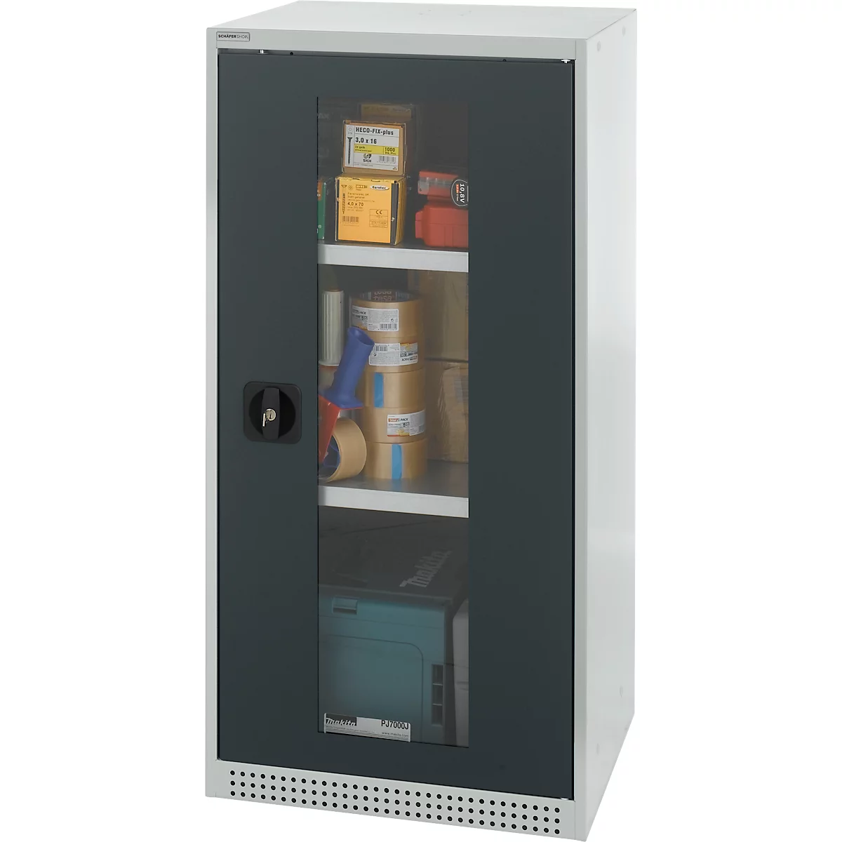 Cabinet with glass sliding doors, filled with office supplies. Below, a printer.