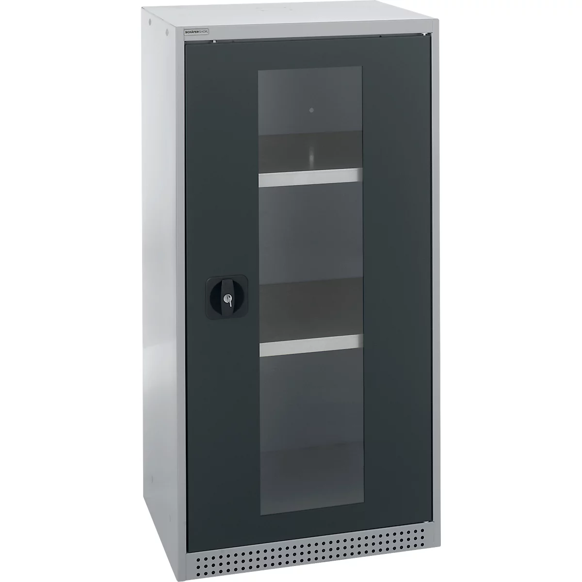 Cabinet with glass door, lock, and gray frame. Interior shelves visible.