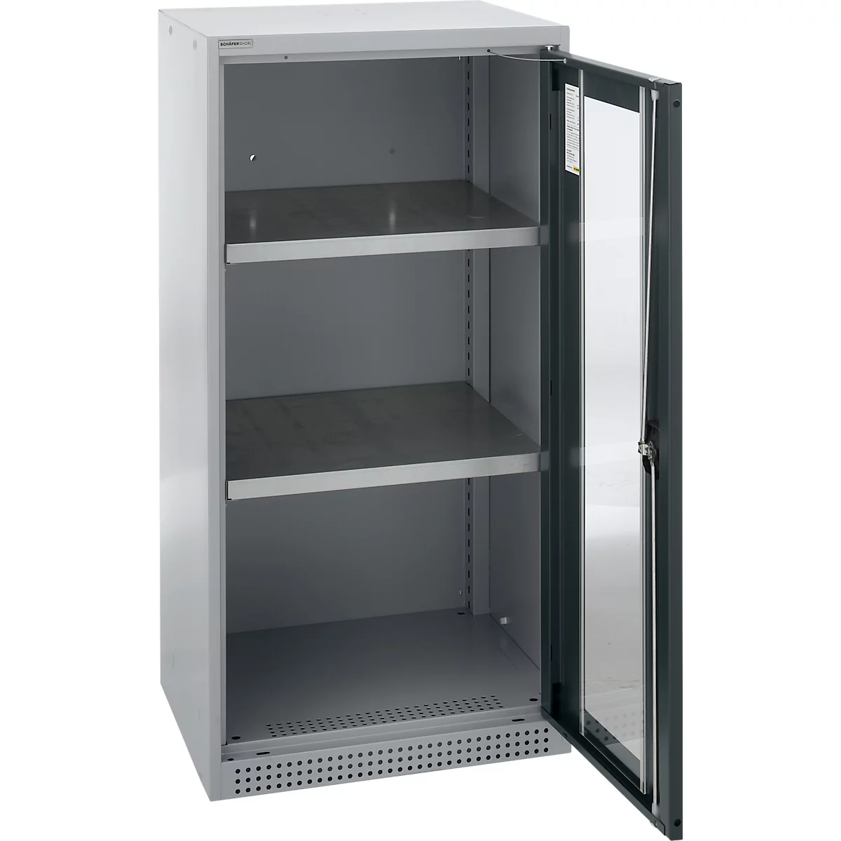 Grey refrigerator with open glass door, three shelves, and ventilation slots at the bottom.