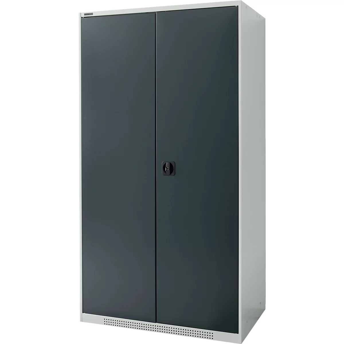 Gray file cabinet with double doors. A round handle and a ventilation strip at the bottom are visible.