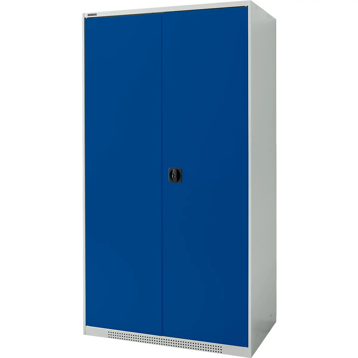 Blue steel cabinet with two doors, black handle and gray side panels. Small ventilation slots at the bottom.