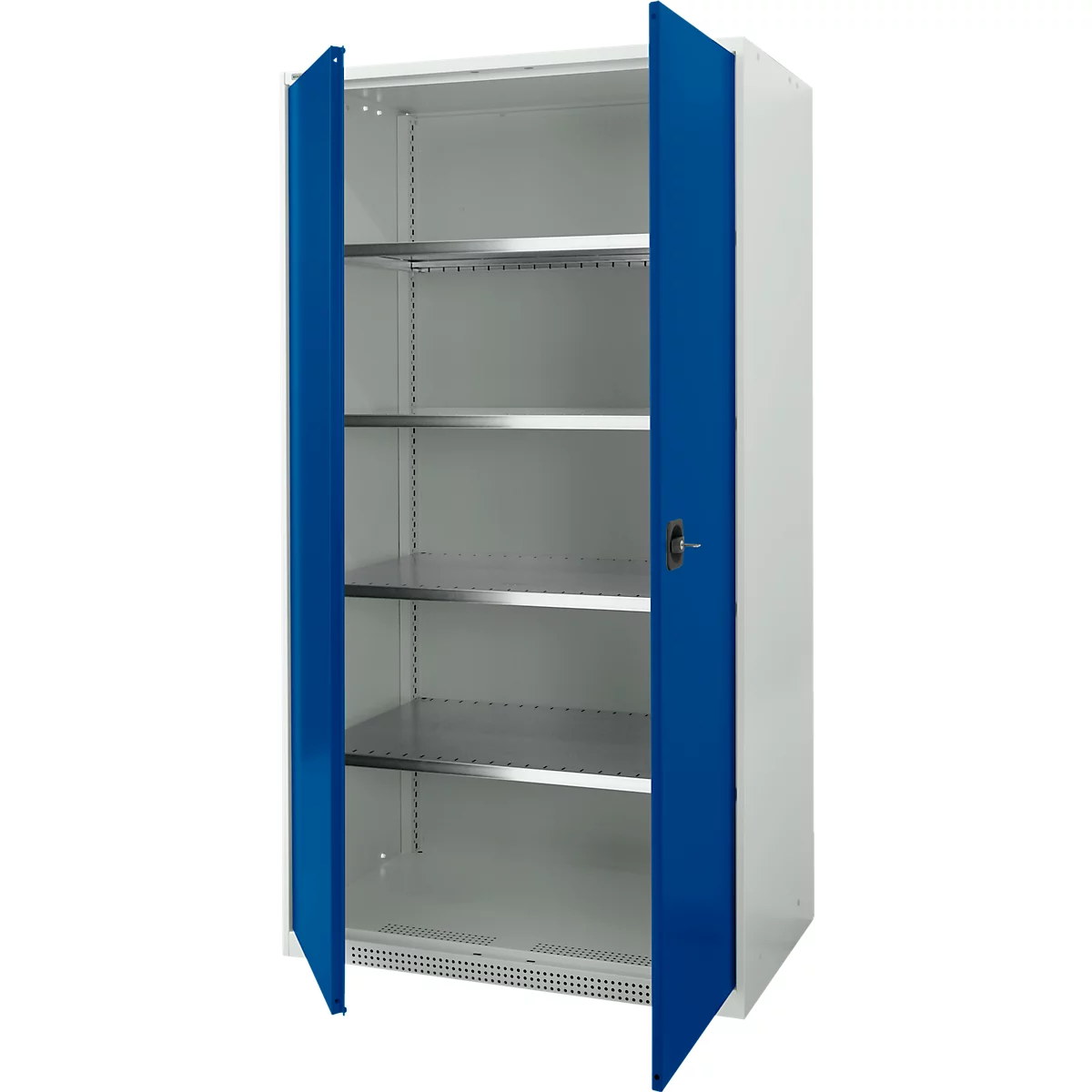 White cabinet with blue doors, opened. Interior with metal shelves.