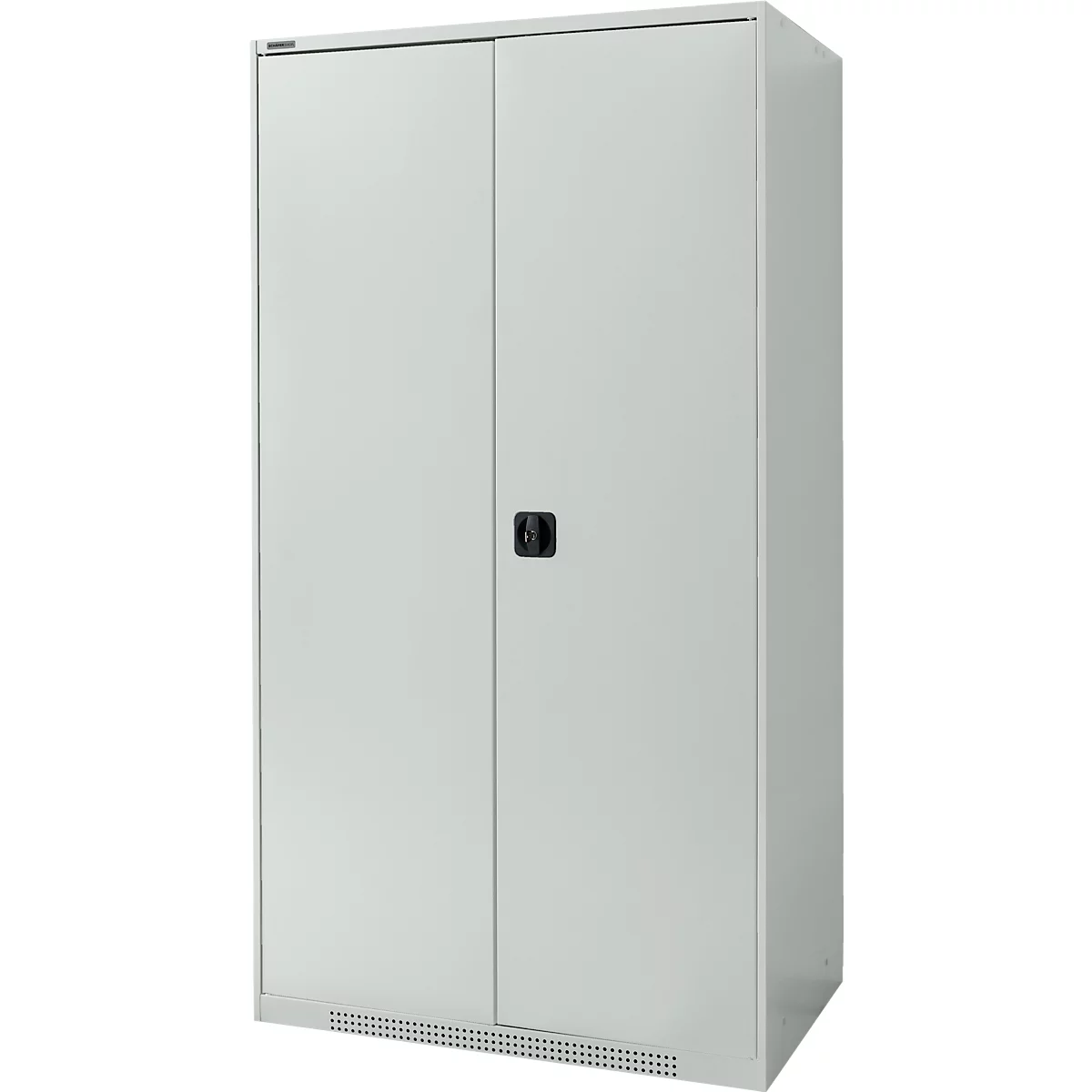 Grey steel cabinet with two doors and a black handle in the center.