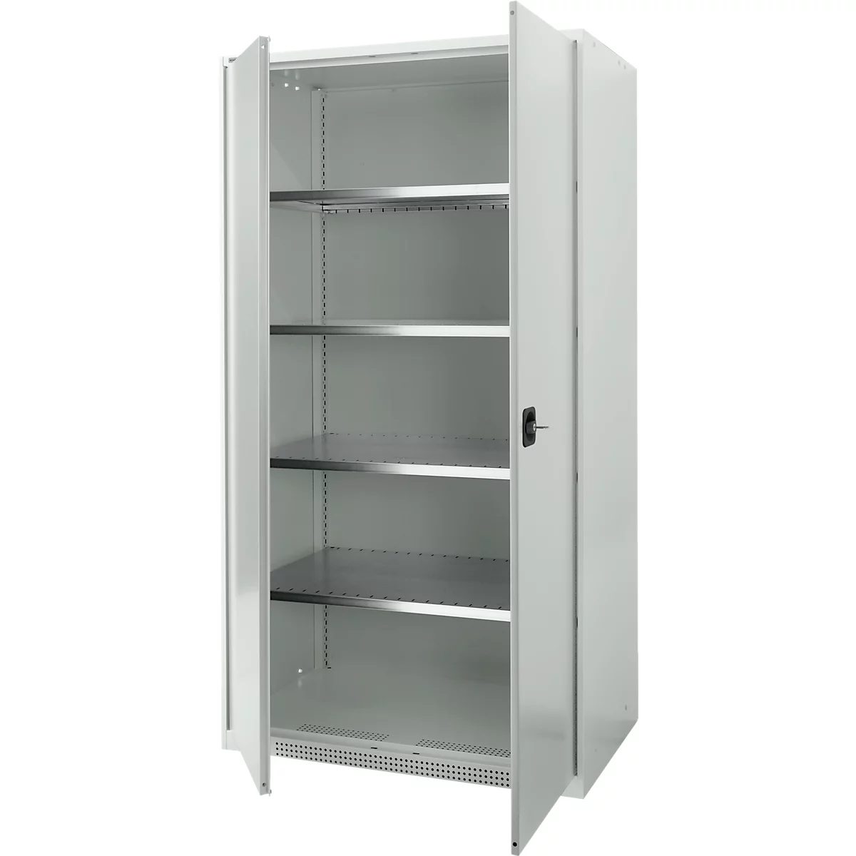 White metal cabinet, doors open, view inside with shelves.