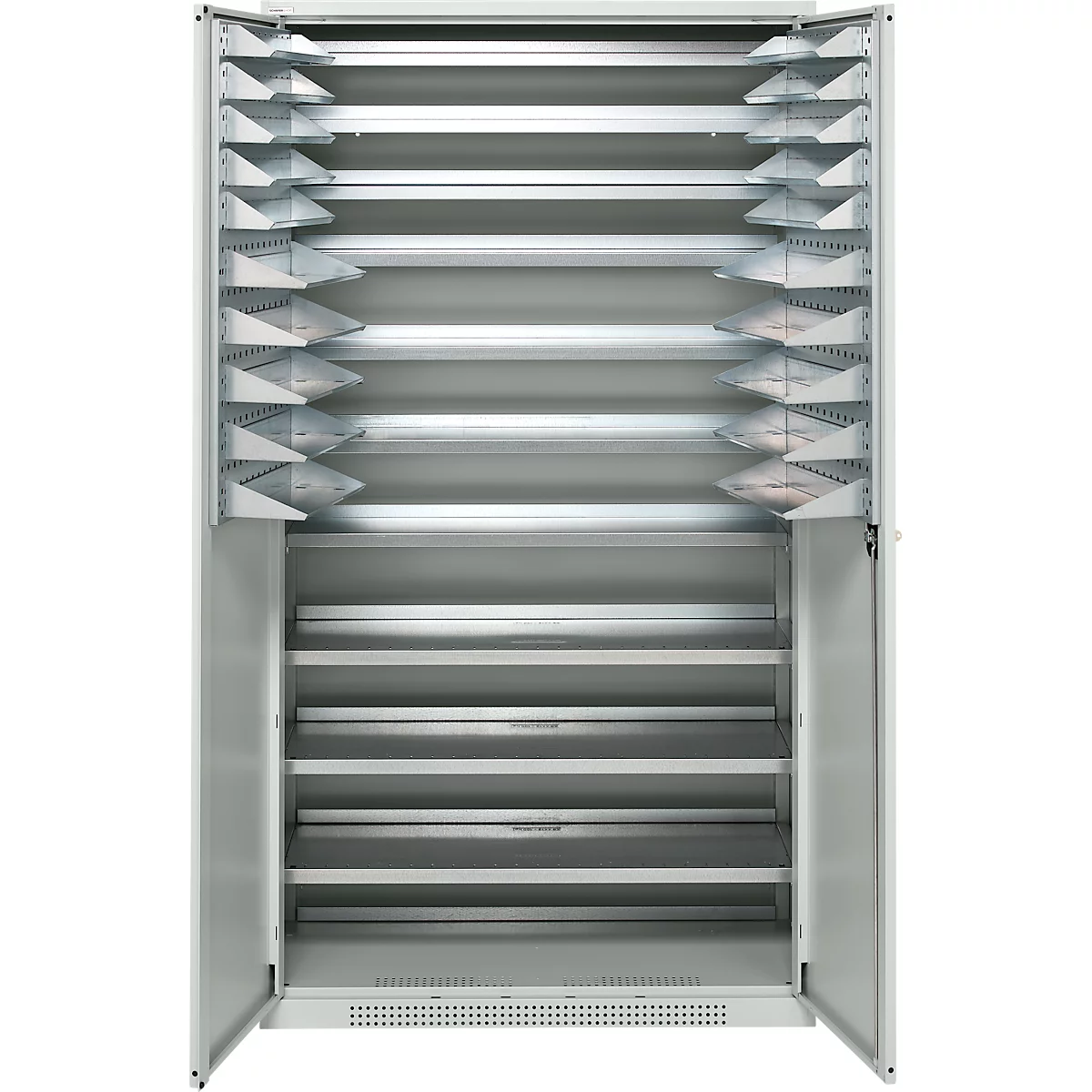 Open, white cabinet with many metal shelves in different arrangements.