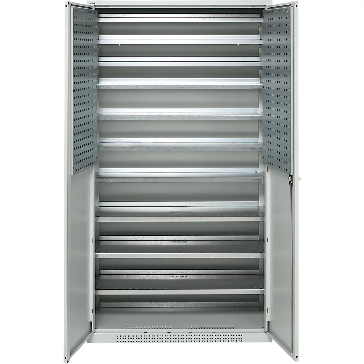 Open steel cabinet with shelves and perforated inside panels.
