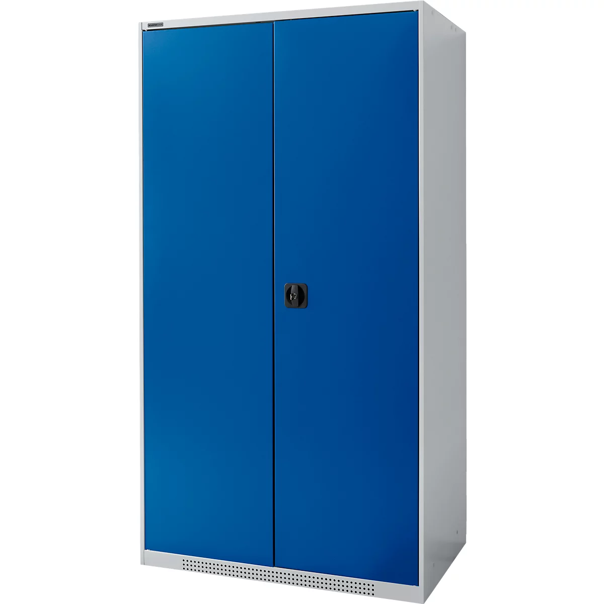 Blue steel cabinet with two doors and black handle.