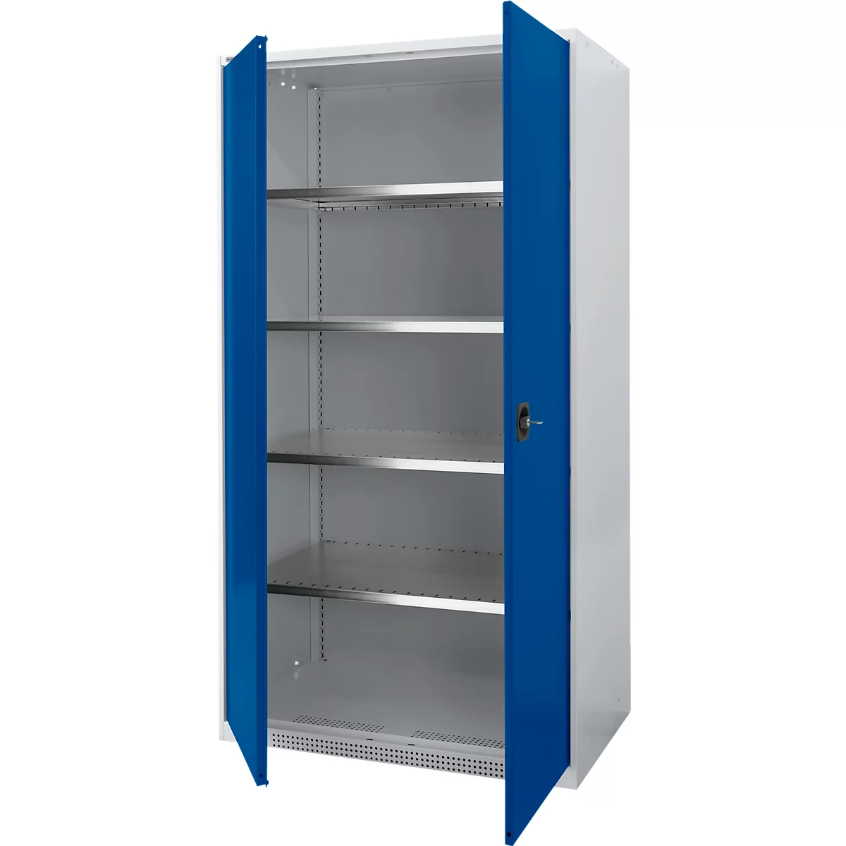 A white cabinet with blue doors standing open. The cabinet has several shelves.