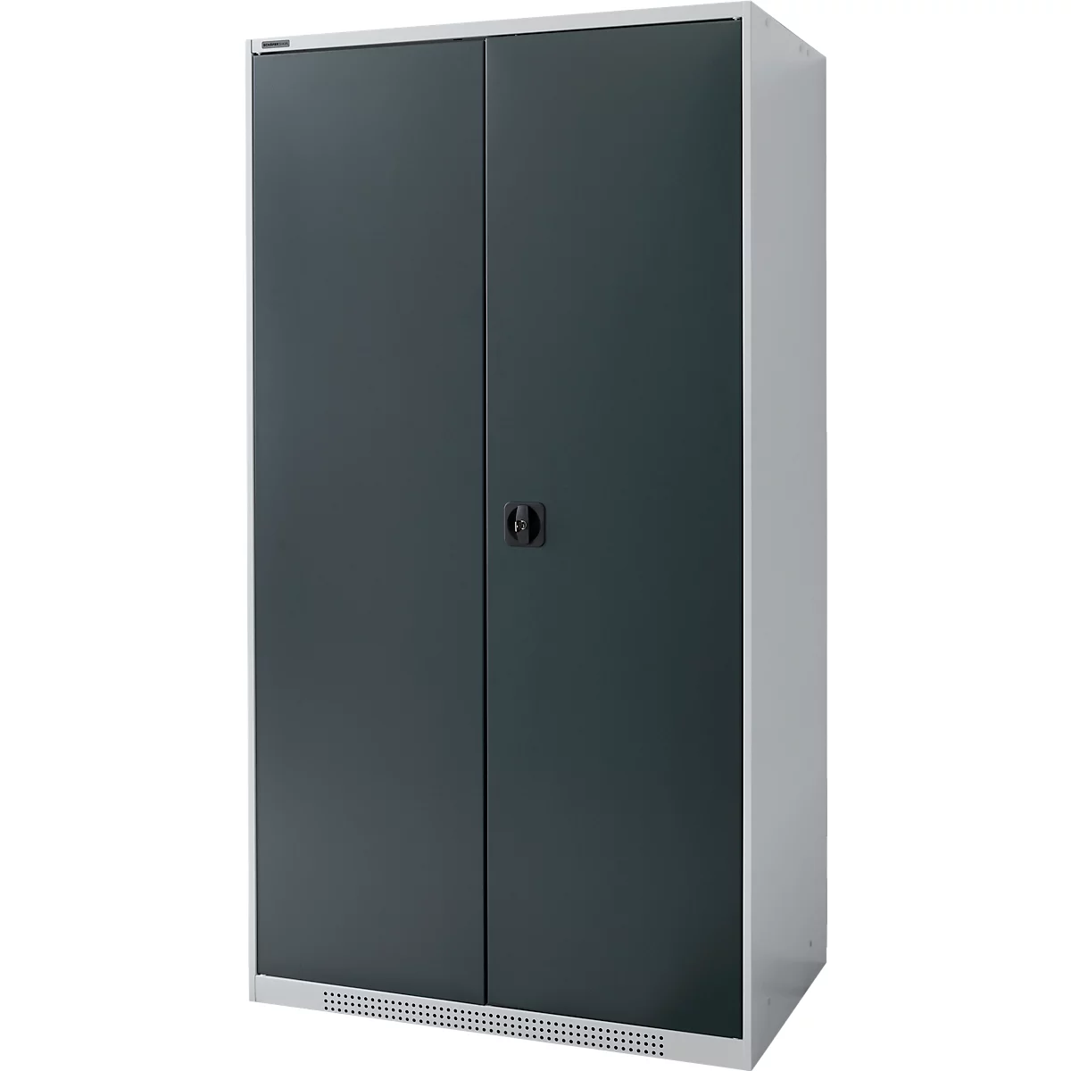 Dark gray cabinet with two doors and a black handle. The cabinet stands against a neutral background.