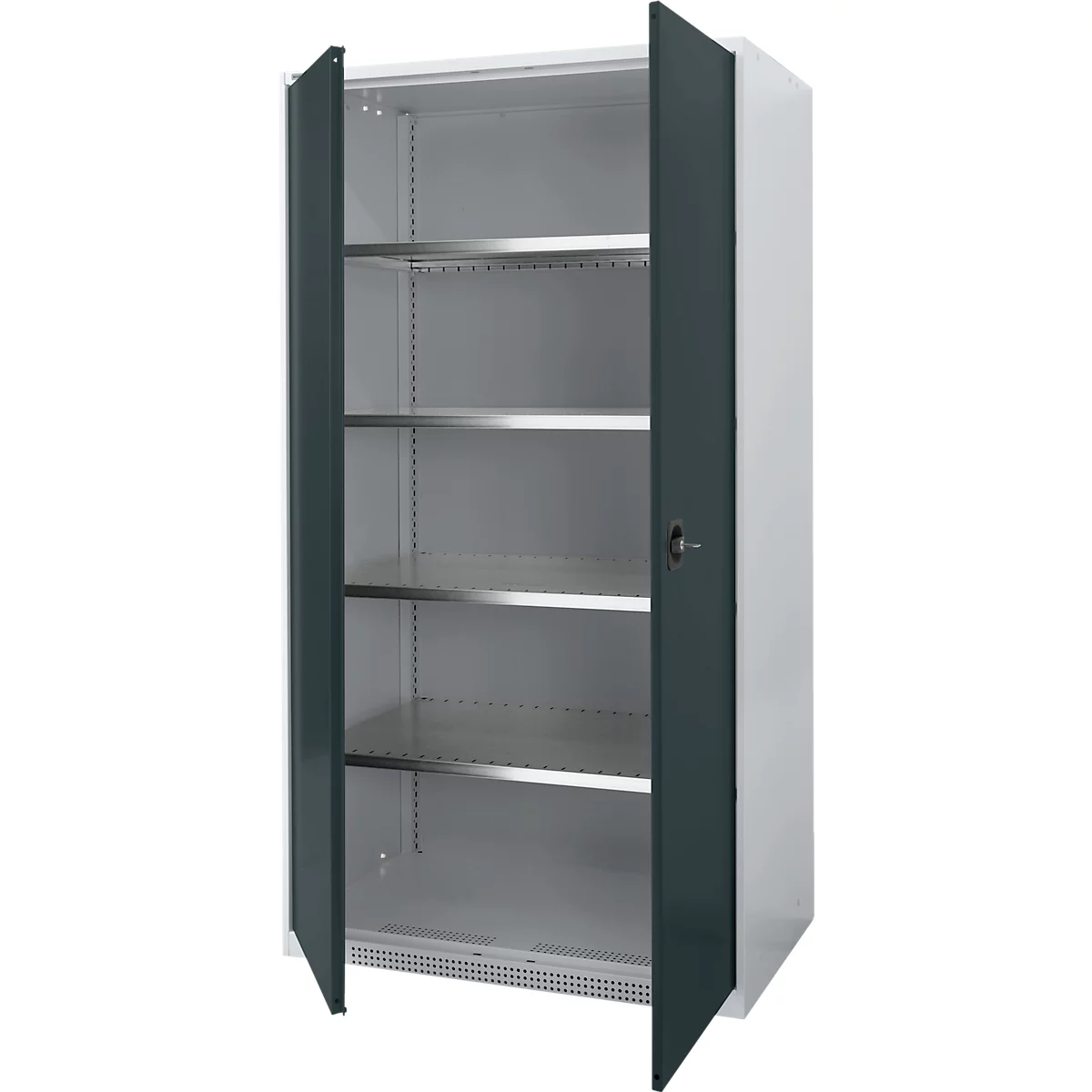 A steel cabinet with two open doors, providing a view of multiple shelves.