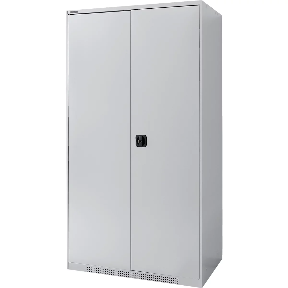 Gray metal cabinet with two doors and black handle.
