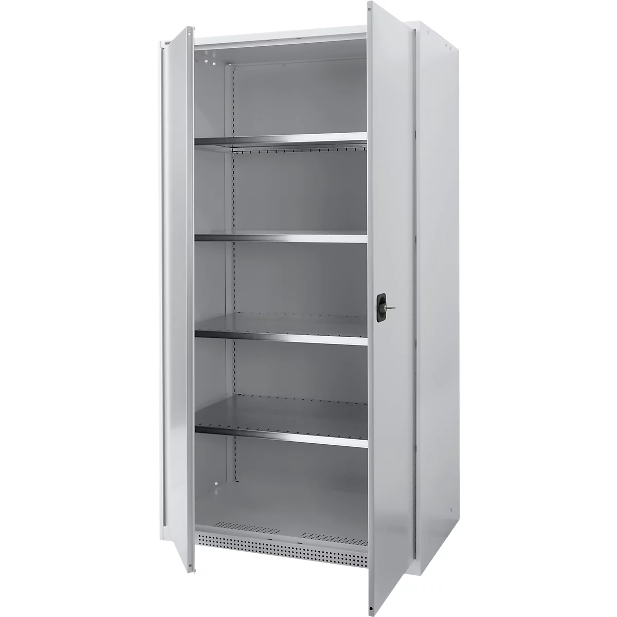 White cabinet with open doors, shelves inside.