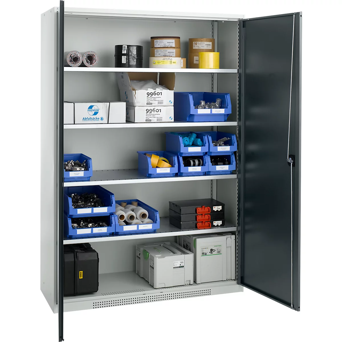 Open gray steel cabinet with inventory. Blue bins, rolls, black cases and boxes are stowed.