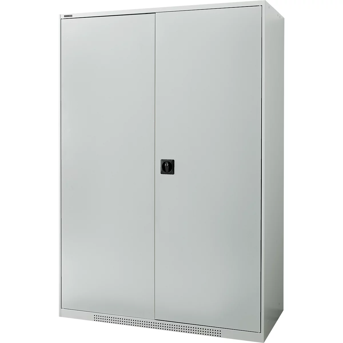 Gray steel cabinet with two doors, a handle and a vent at the bottom.