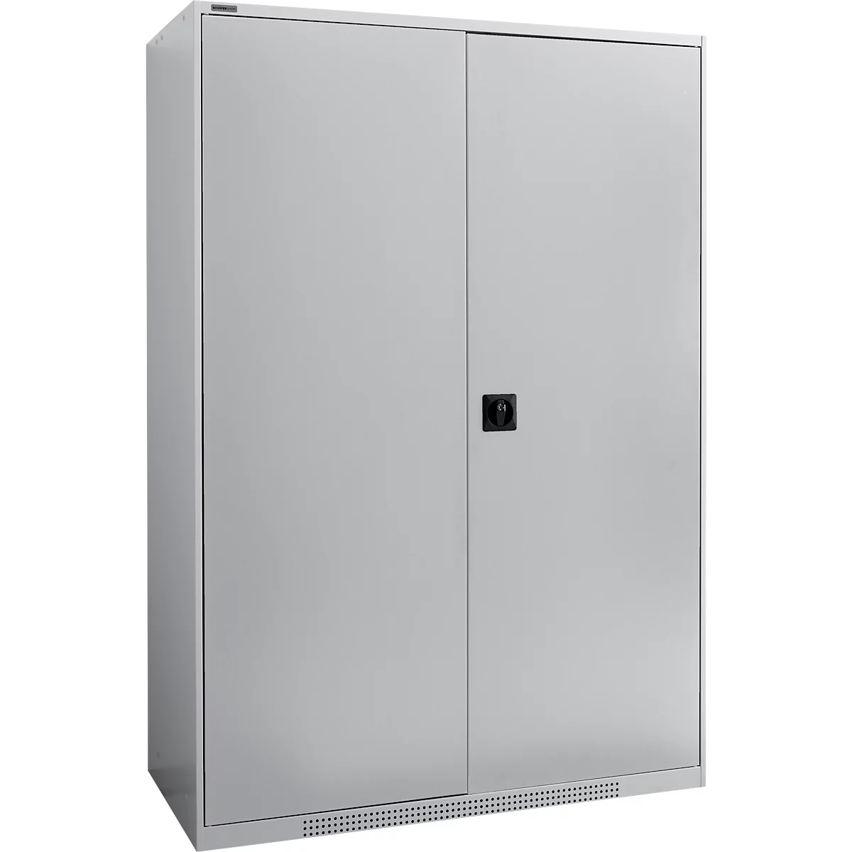 Grey metal cabinet with two doors and a black handle. There are ventilation slots at the bottom.