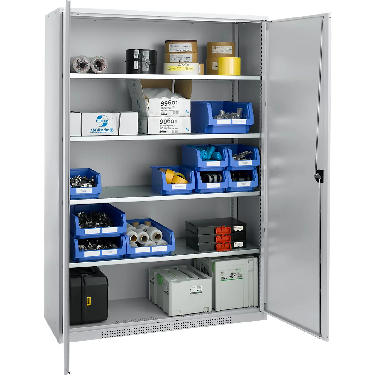 Grey steel cabinet, open. Blue plastic boxes and various materials are stored on the shelves.