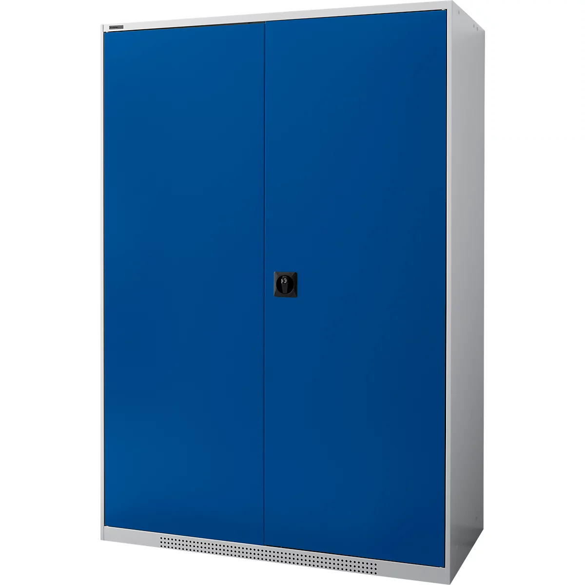 Blue and white cabinet with two doors and black knob. Ideal for storage.